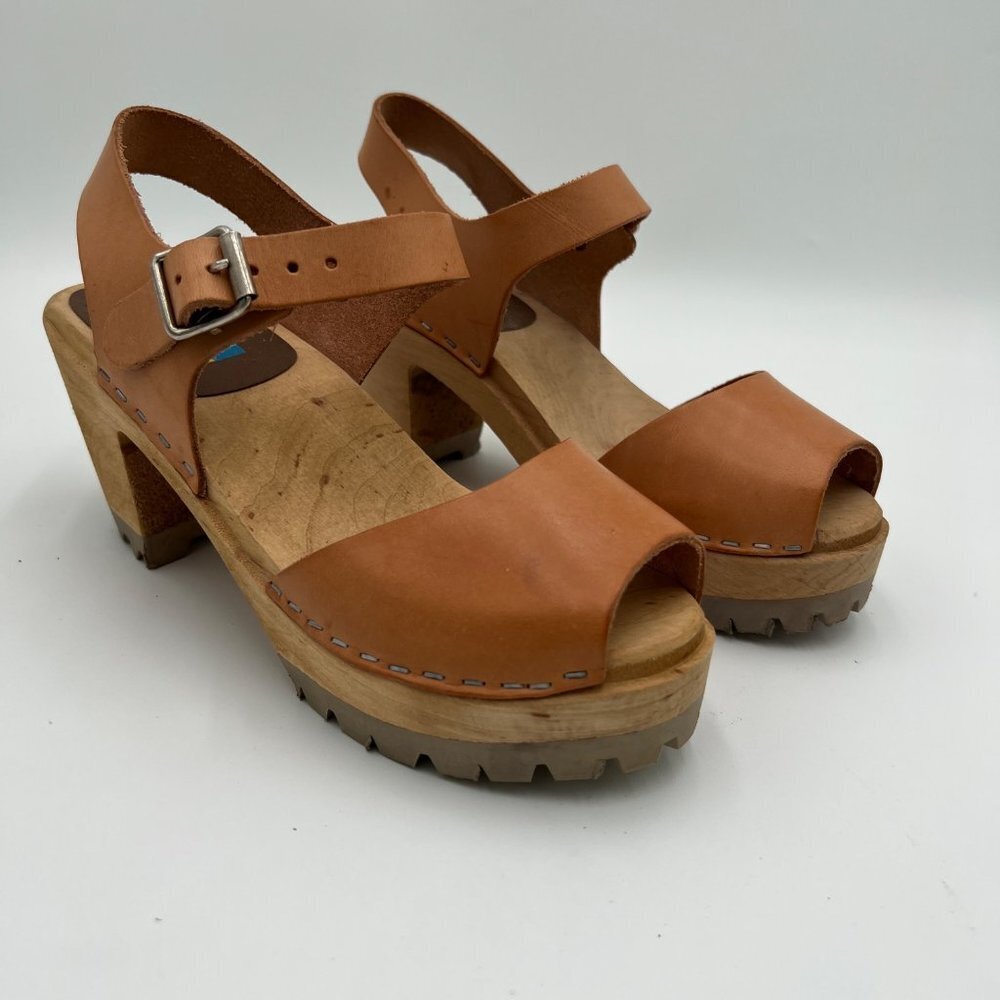 Free People Mia 1976 Swedish Leather Wooden Platform Clogs Luggage Size 36 5.5
